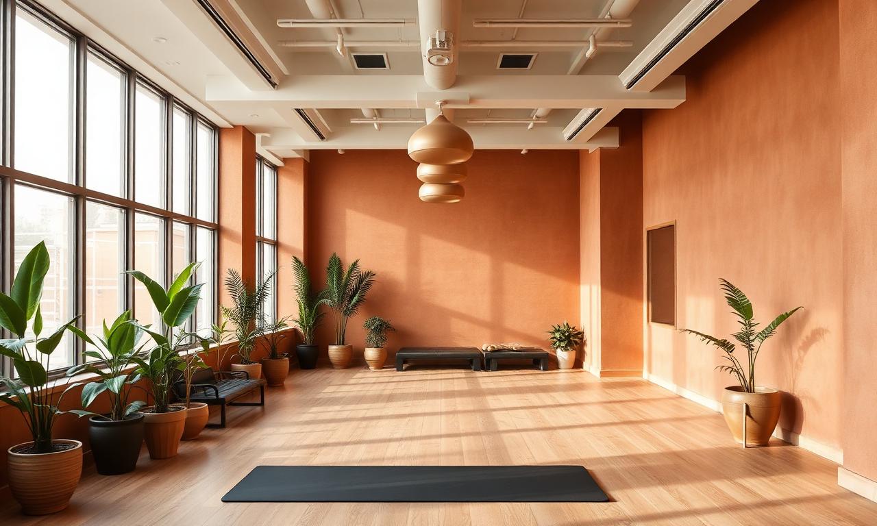 Interior of a modern boutique fitness studio in Dubai with terracotta walls